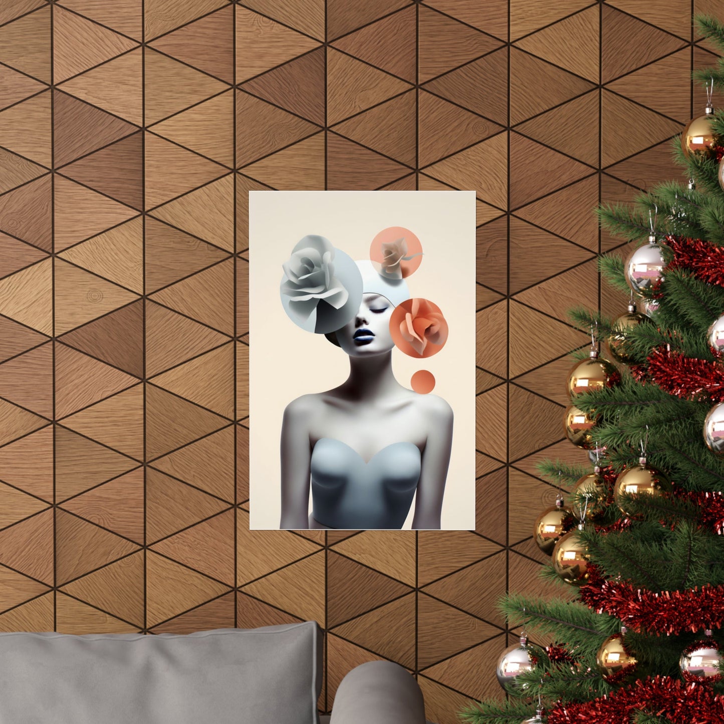 A christmas tree with a picture of a woman