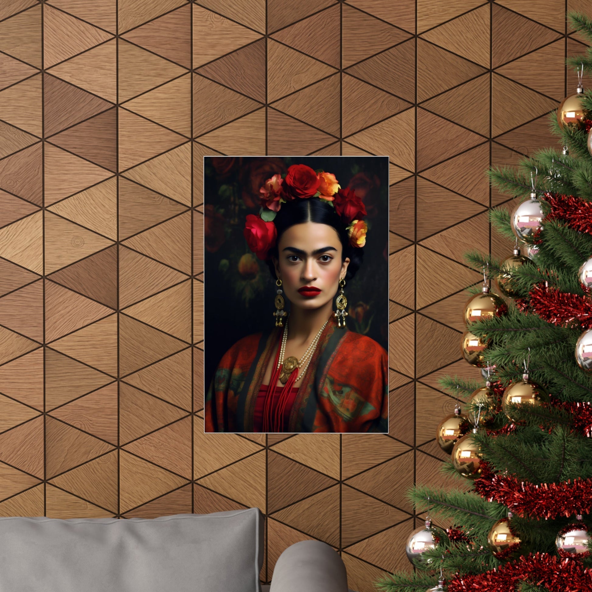 A christmas tree with a picture of a woman in a red dress