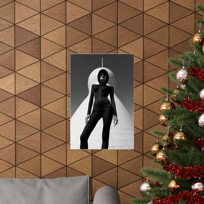 A christmas tree with a picture of a woman in a black suit