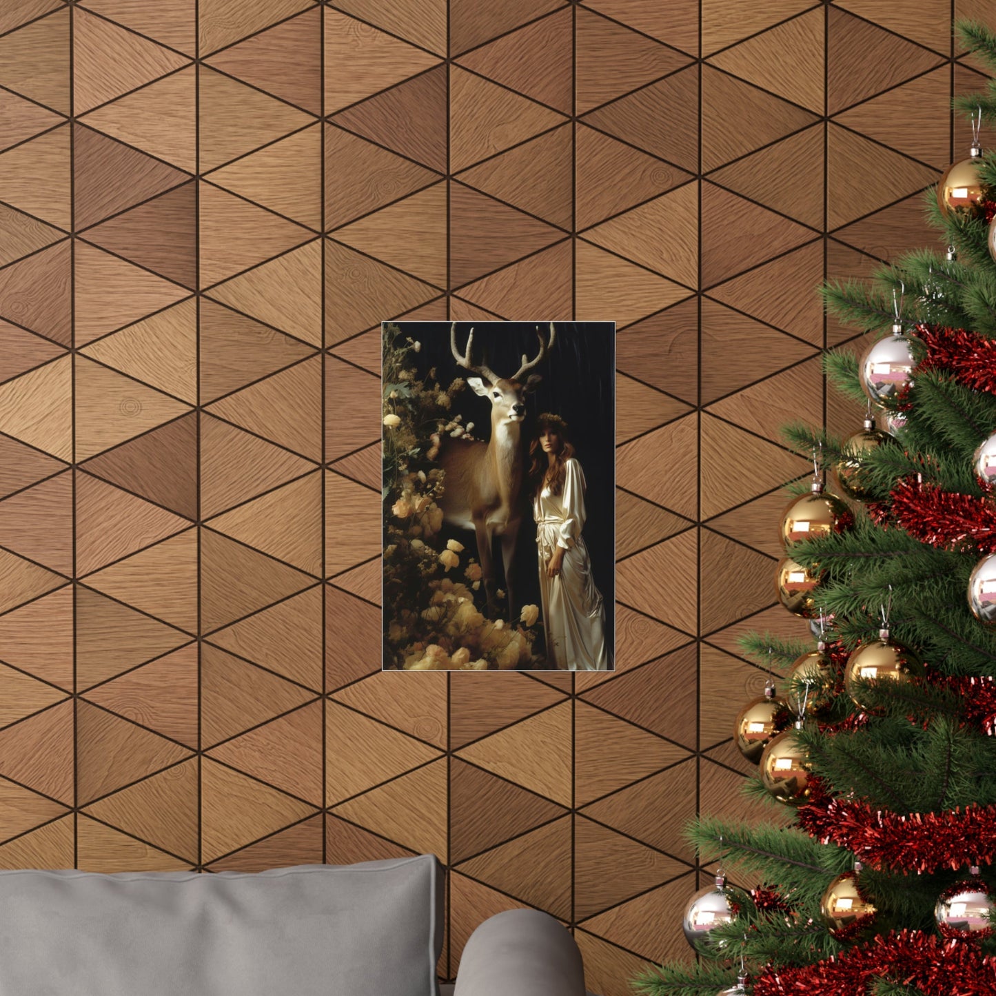 A christmas tree with a picture of a woman and a deer