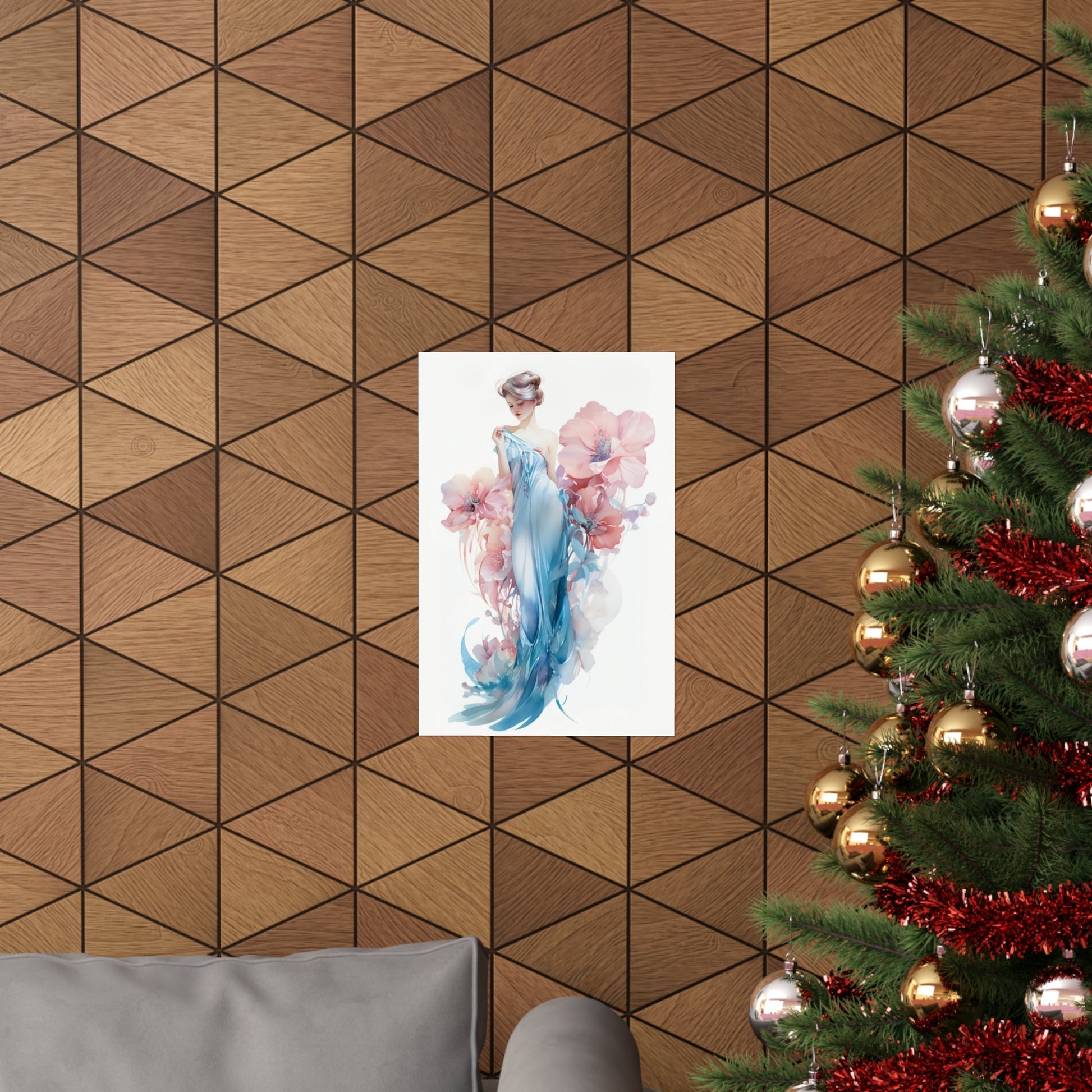 A christmas tree with a picture of a woman in a blue dress