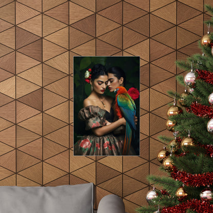 A christmas tree with a picture of a woman and a parrot