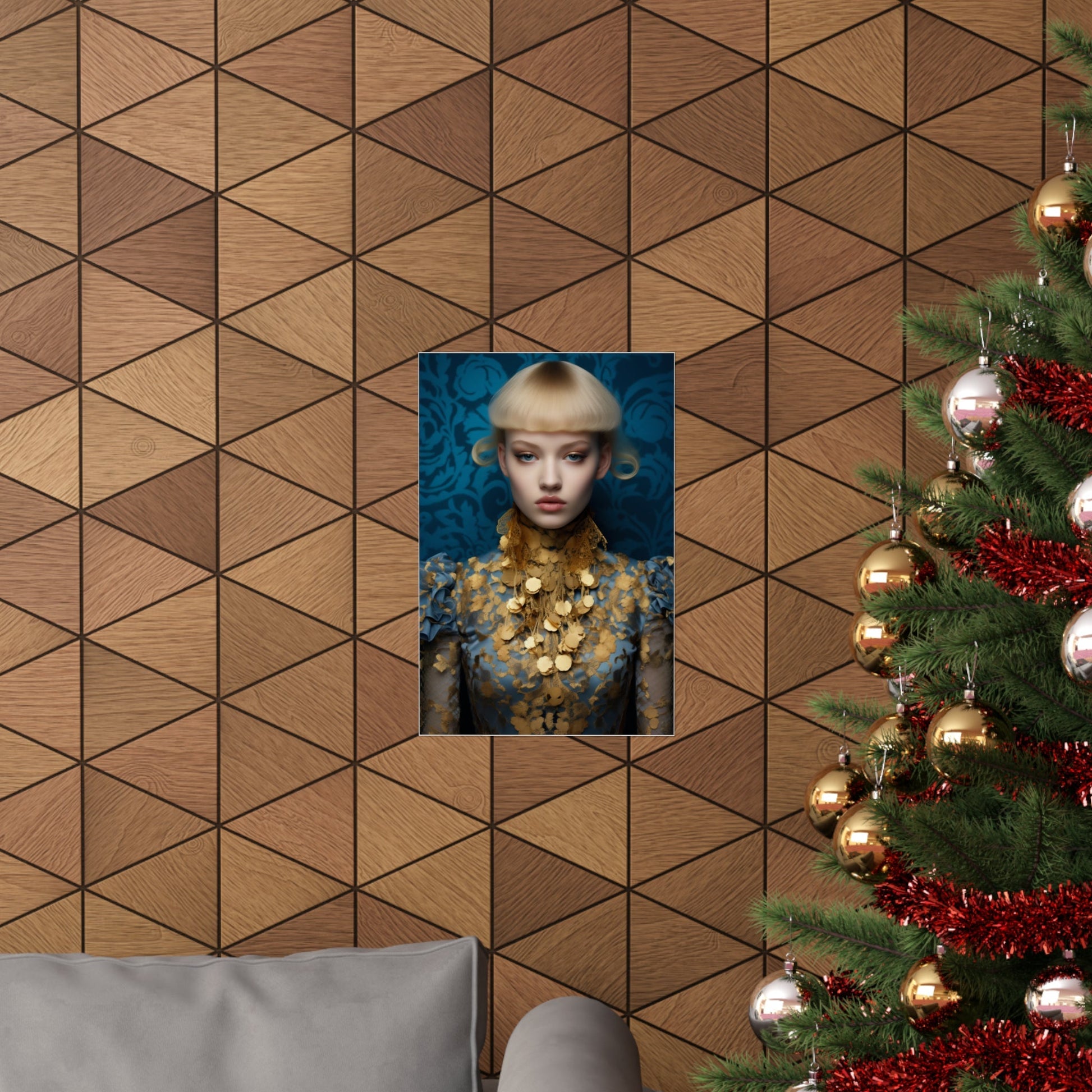 A christmas tree with a picture of a woman