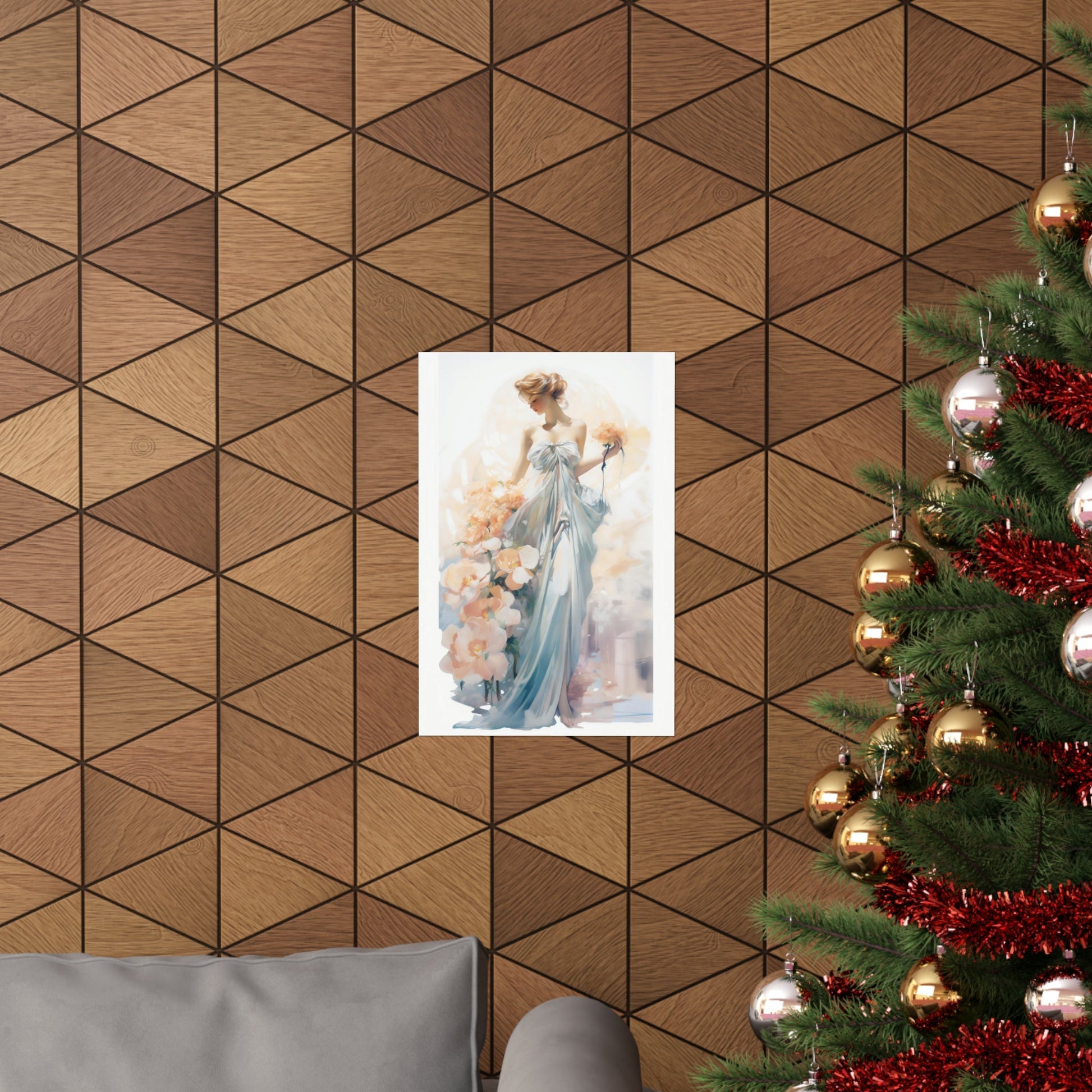 A christmas tree with a picture of a woman in a blue dress