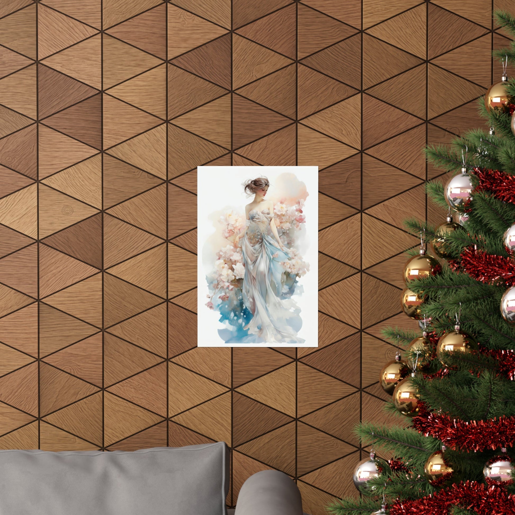 A christmas tree with a picture of a woman in a blue dress