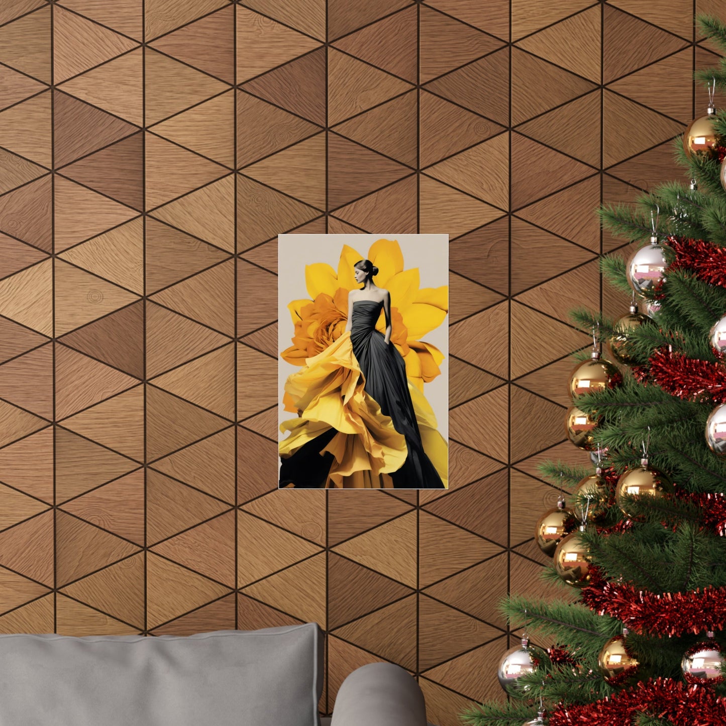 A christmas tree with a picture of a woman in a yellow dress