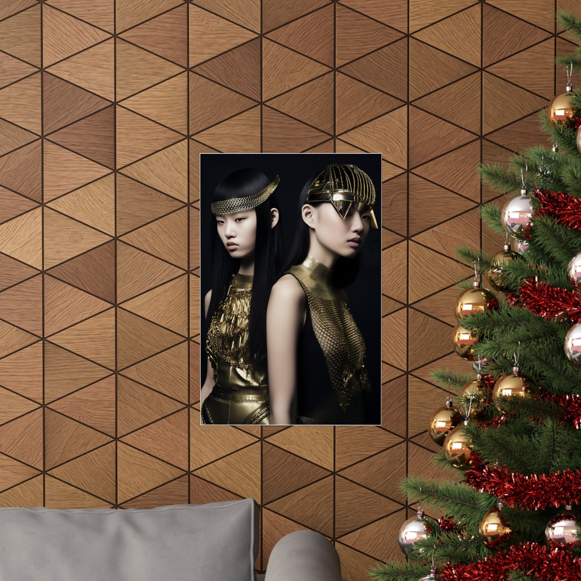 A christmas tree with a picture of a woman in gold