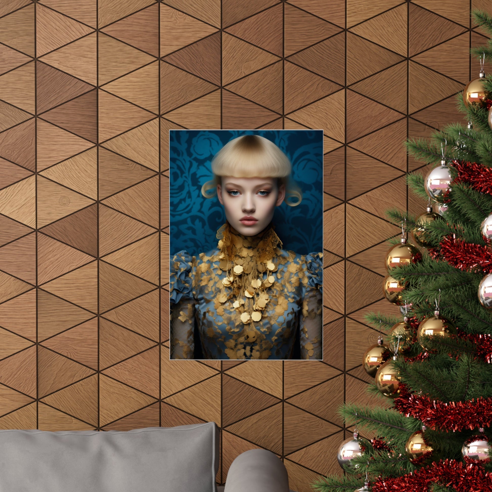 A christmas tree with a picture of a woman