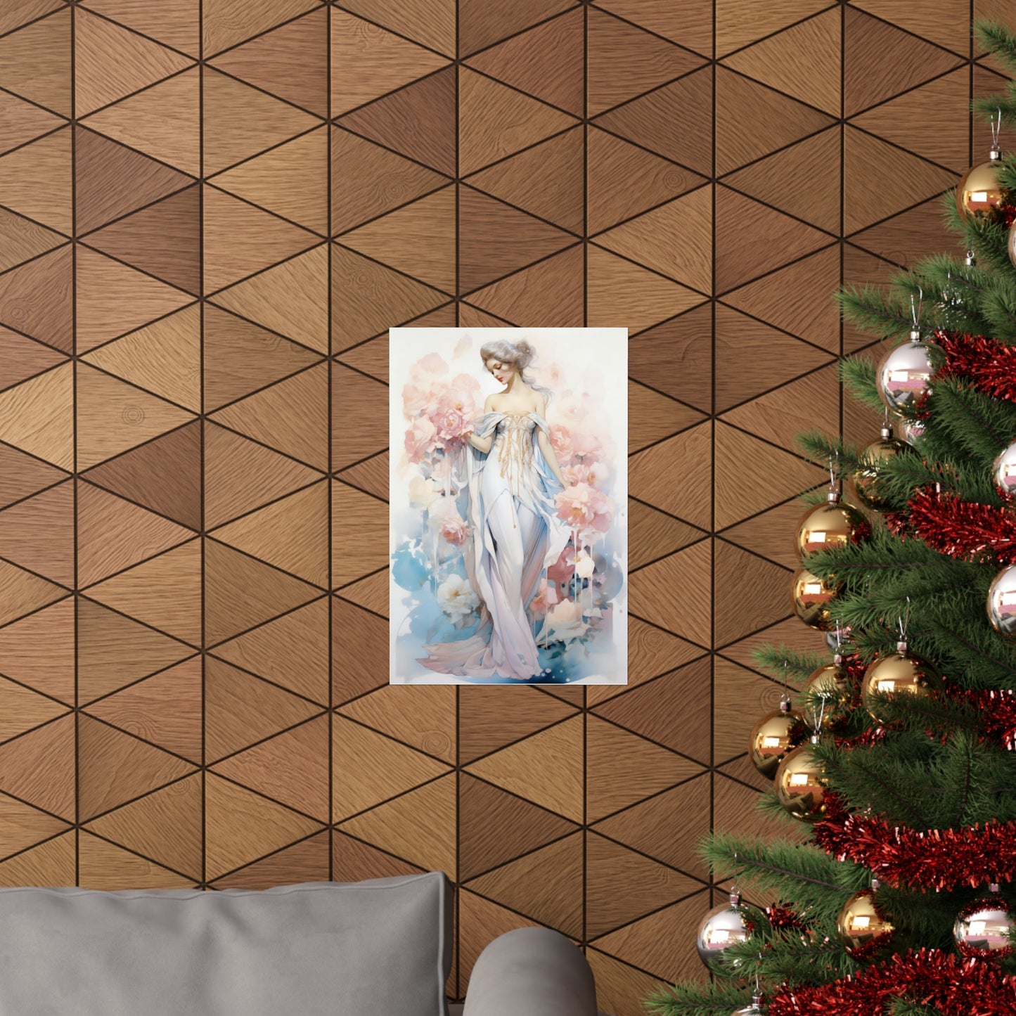 A christmas tree with a picture of a woman