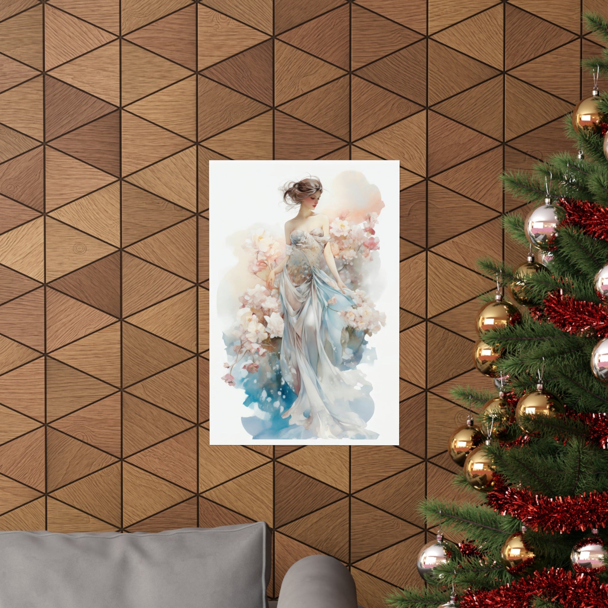 A christmas tree with a picture of a woman in a blue dress