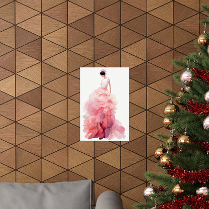 A christmas tree with a pink dress hanging on it