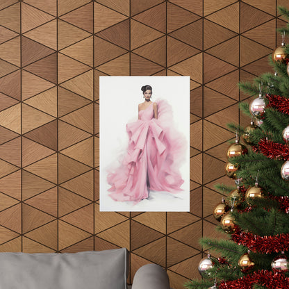 A christmas tree with a pink dress hanging on it