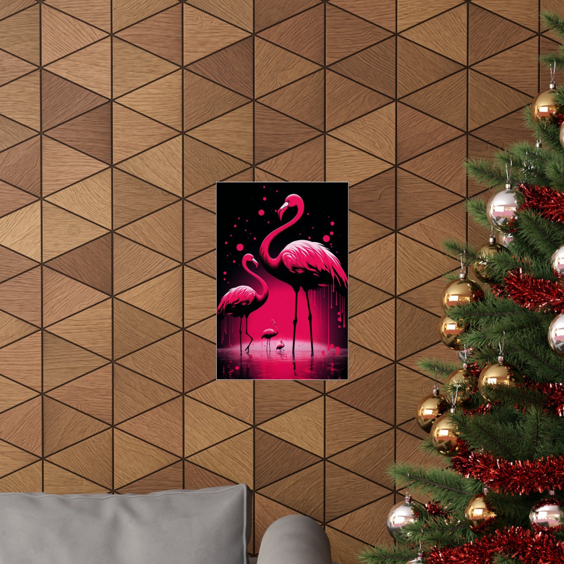 A christmas tree with a pink flaming on it