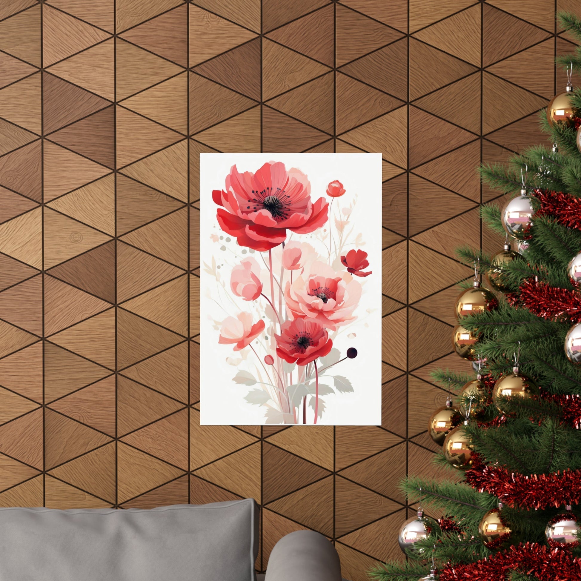 A christmas tree with red flowers and a white background