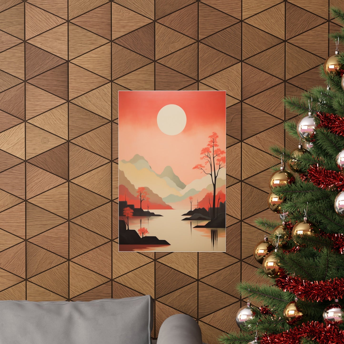 A christmas tree with a red and gold painting on it