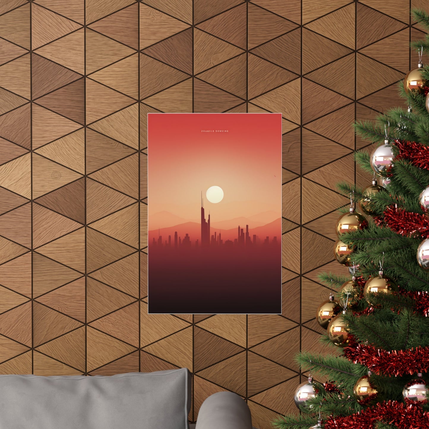 A christmas tree with a red and gold background