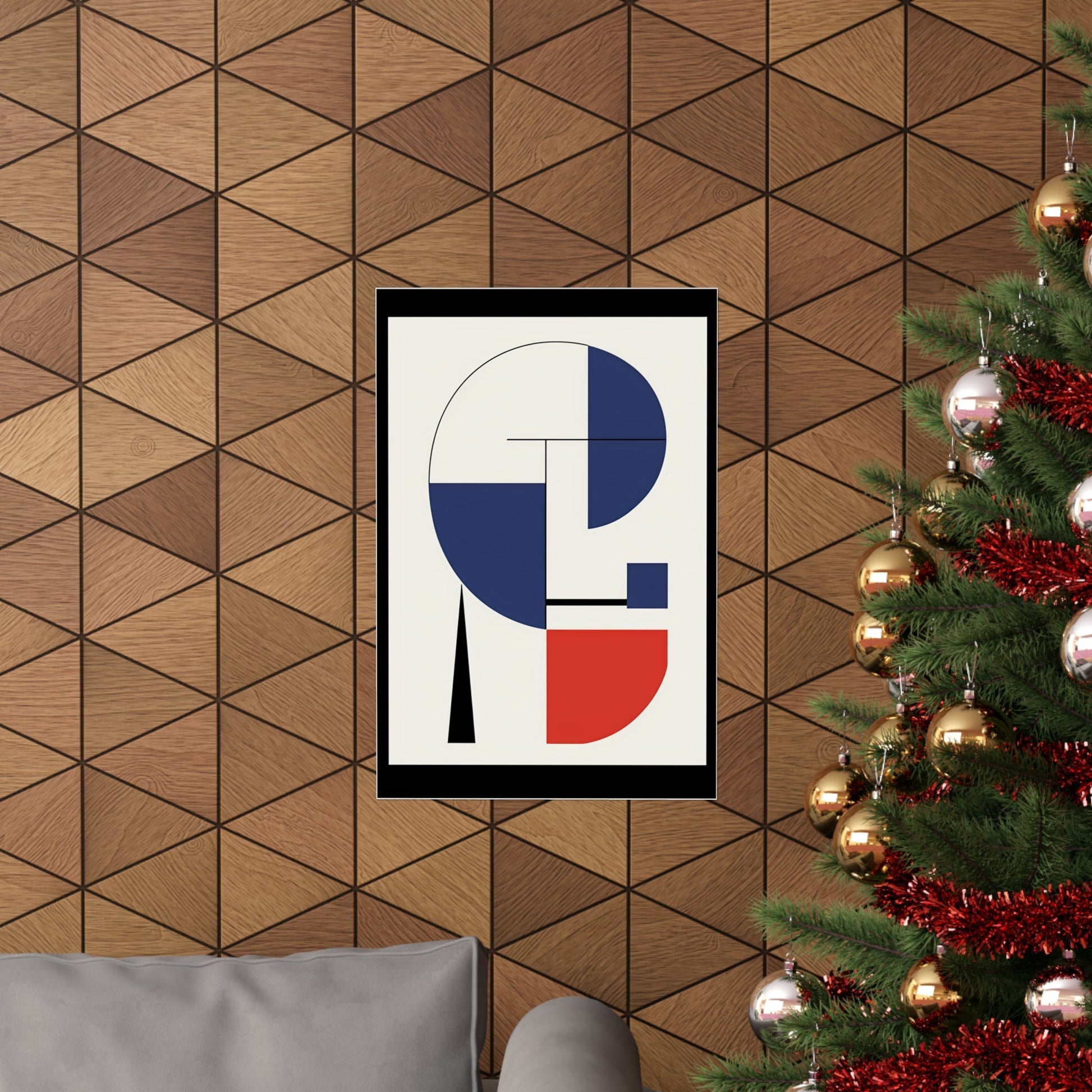 A christmas tree with a red, white and blue geometric design