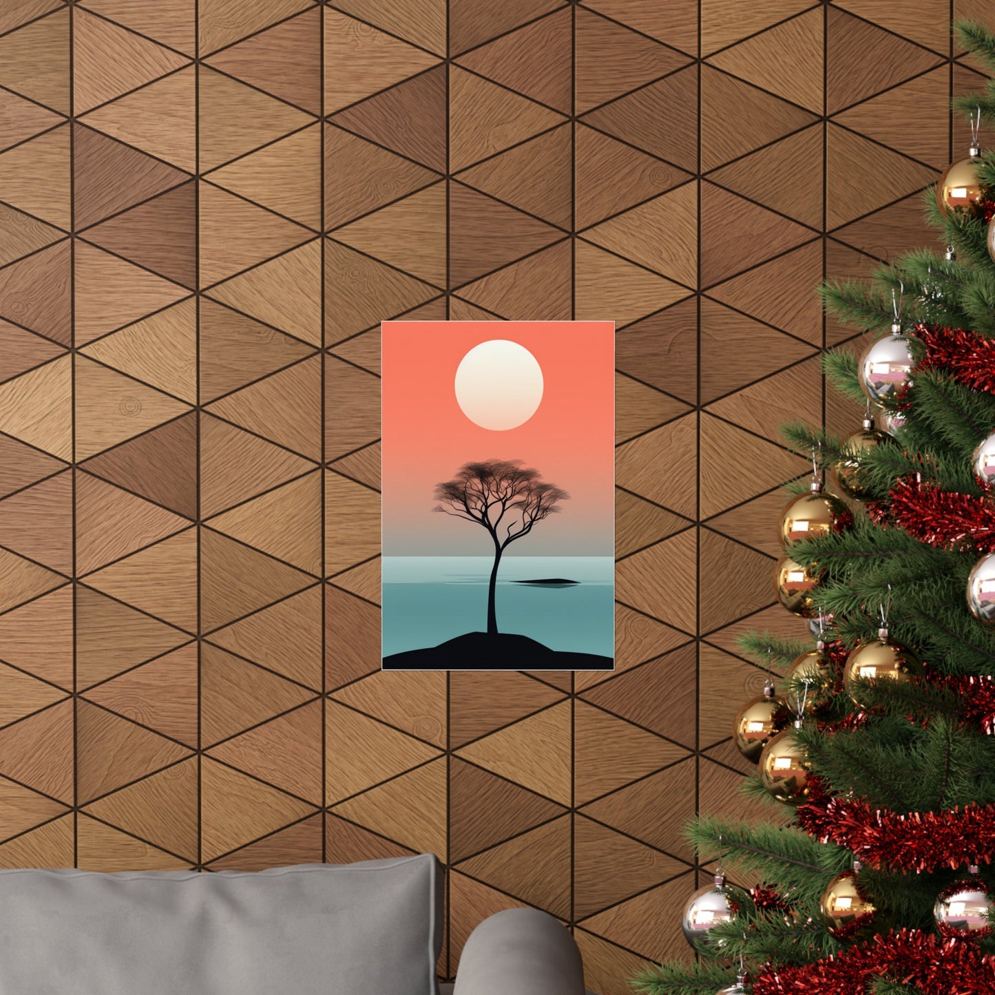 A christmas tree with a sunset in the background