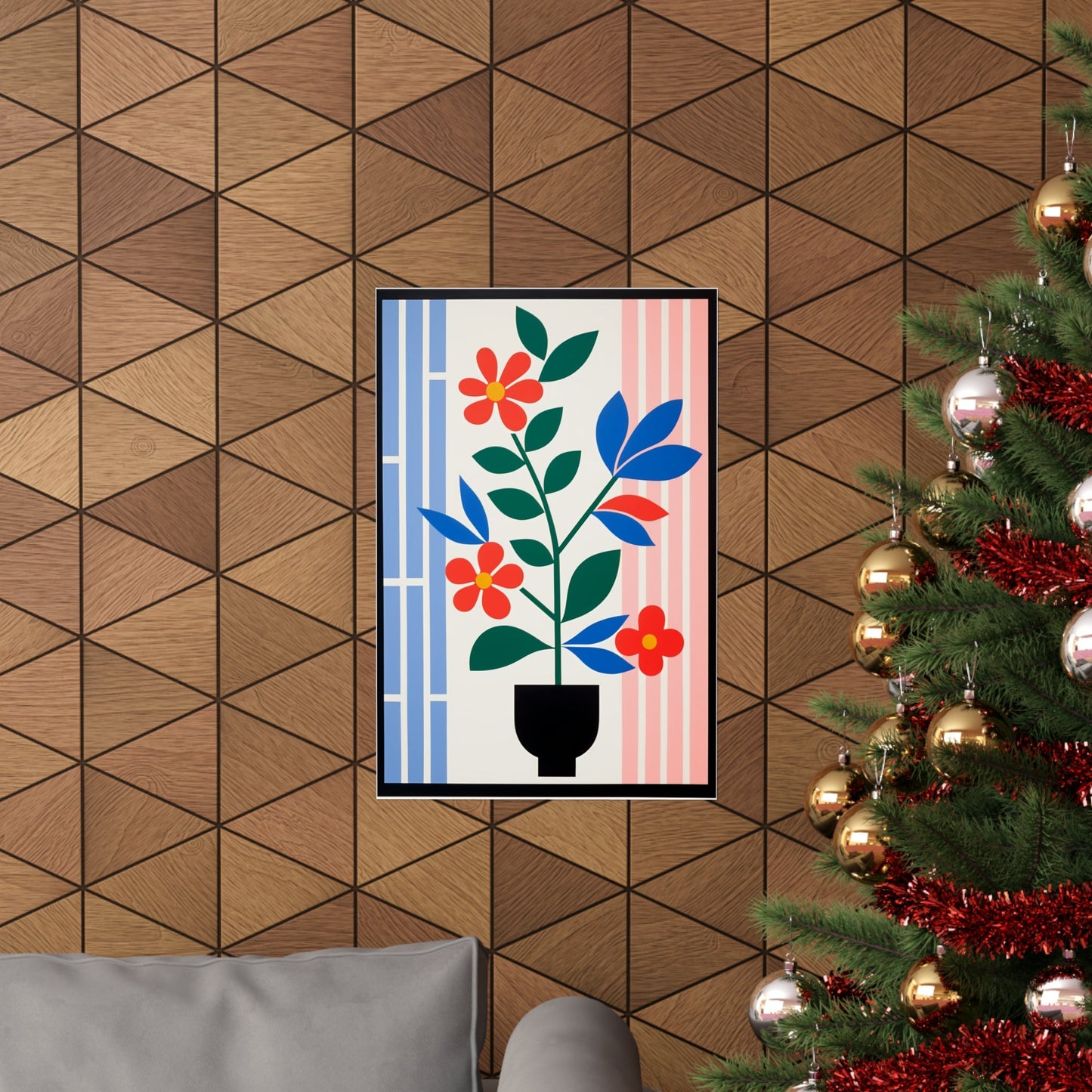 A christmas tree with a vase of flowers