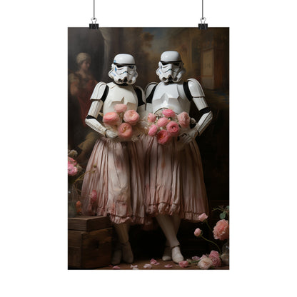 Two Stormtroopers wearing pink tutus and holding bouquets of flowers.