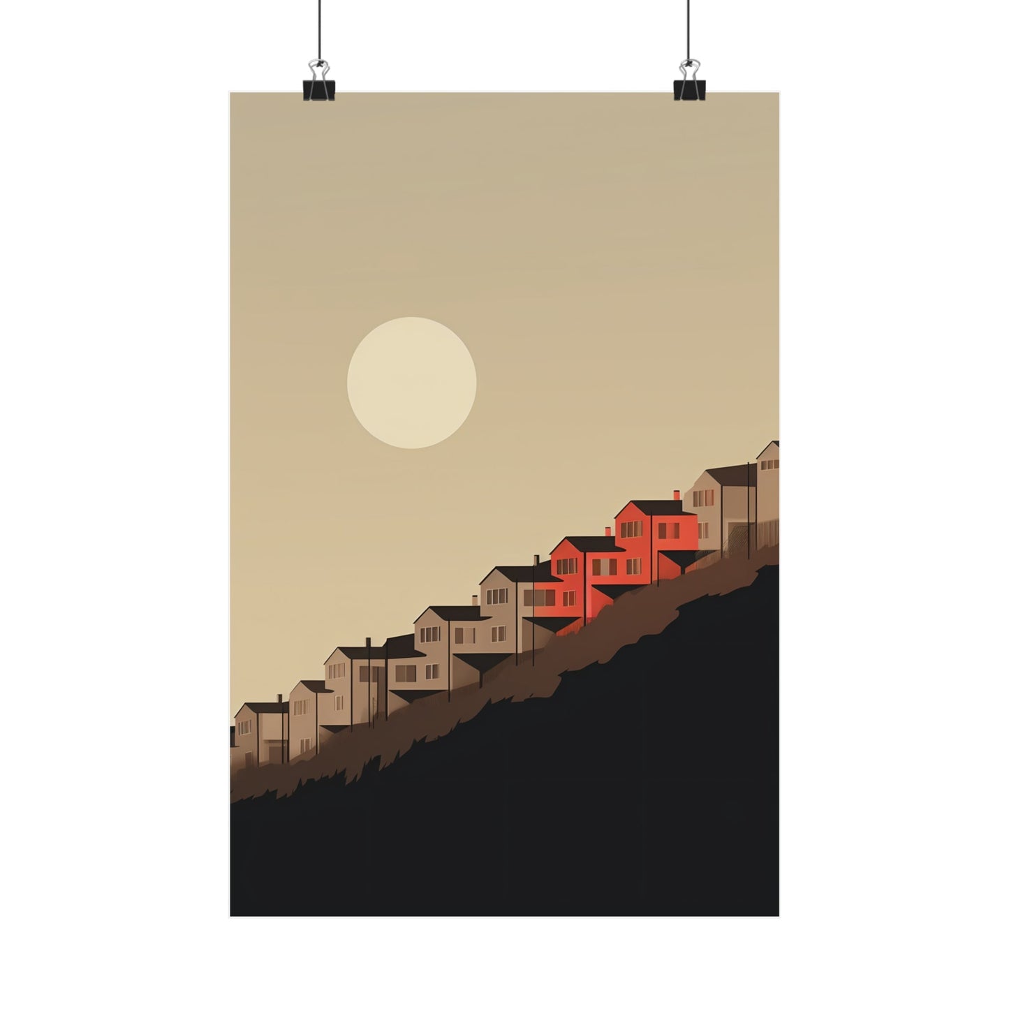 Minimalist poster depicting houses on a hillside under a full moon.