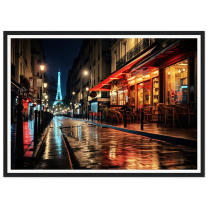 Nighttime street scene in Paris with the illuminated Eiffel Tower visible in the distance.