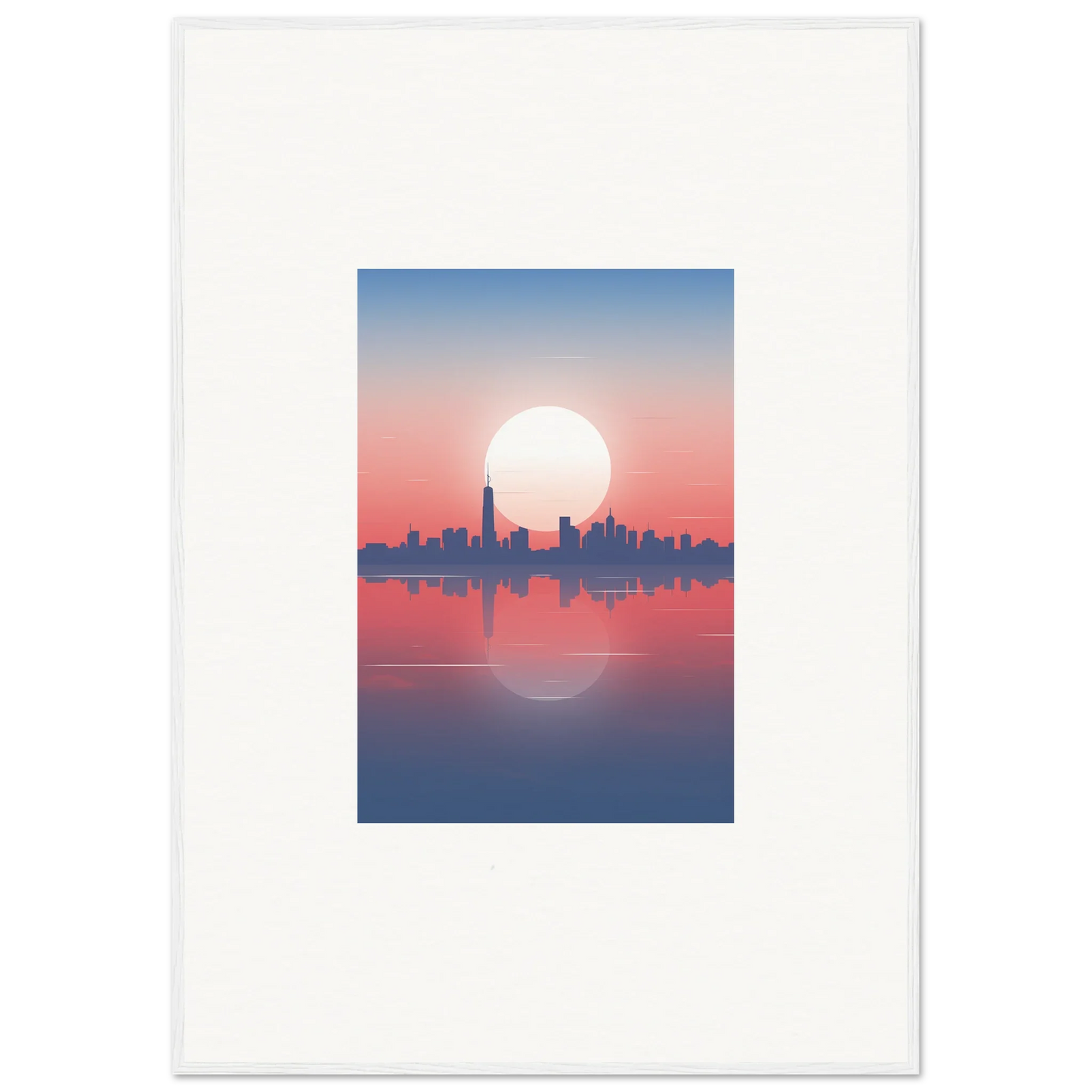 Cityscape silhouette at sunset reflected in water for Dusk Memento framed wall art