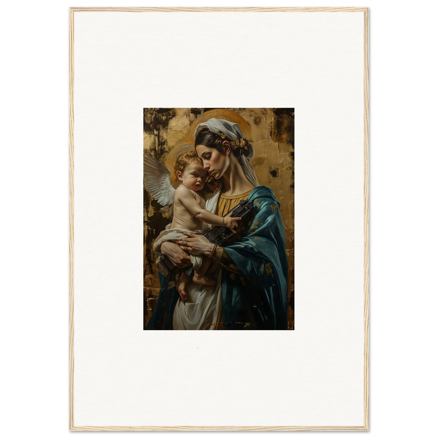 Classical painting of a woman with a baby, framed wall art for metallic lullabies room decor