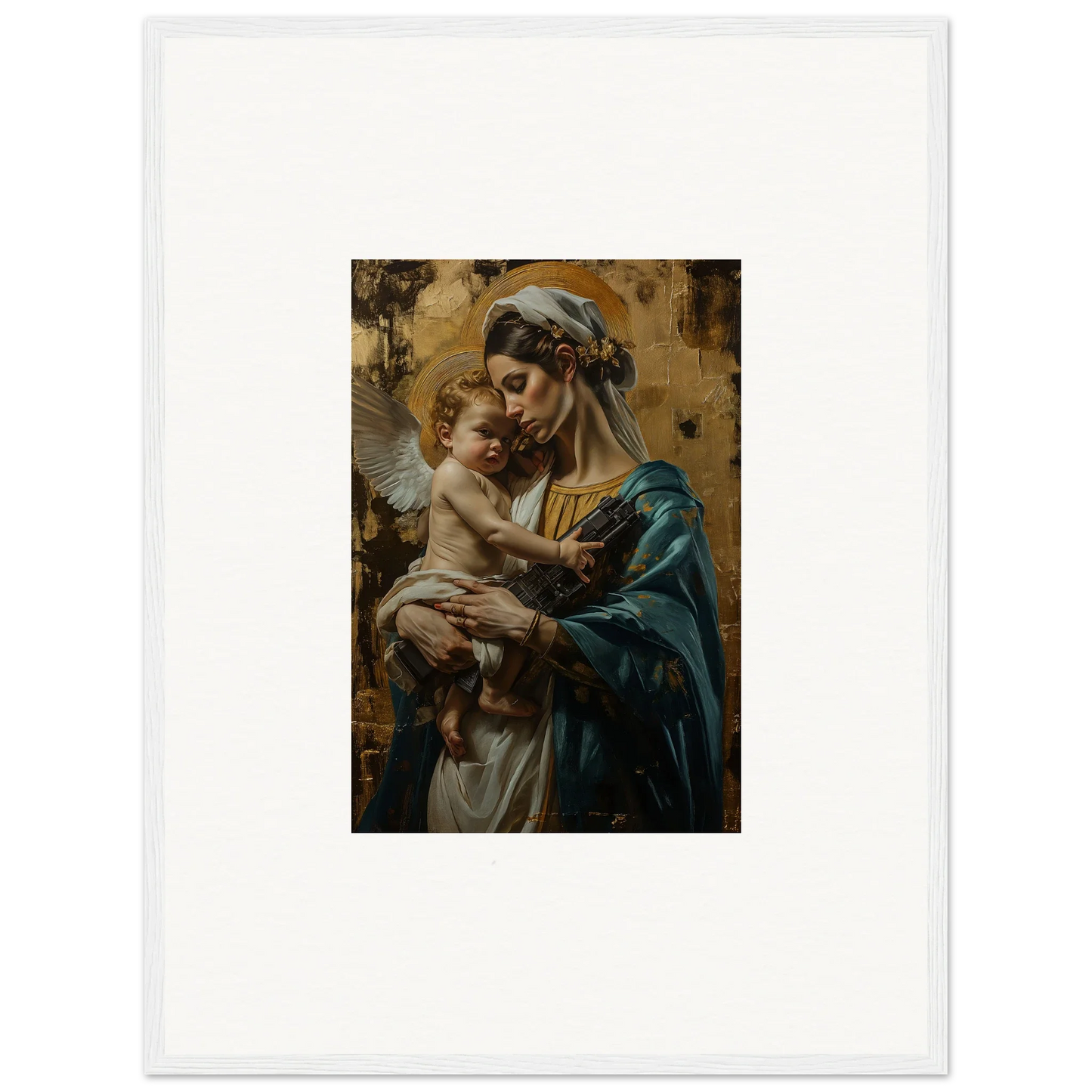 Classical painting of a woman with infant in religious attire for metallic lullabies room decor