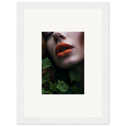 Bright red lips on pale skin with green leaves, perfect for Leaf Symphony wall art