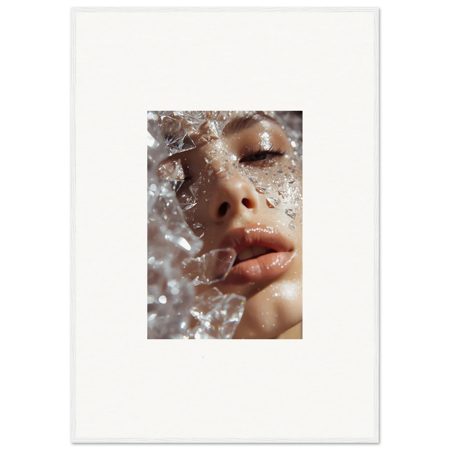 Close-up of a person’s face with water droplets in Whispering Dreamer framed wall art