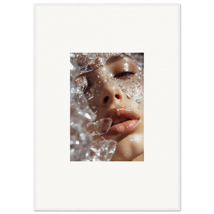 Close-up of a person’s face with water droplets in Whispering Dreamer framed wall art