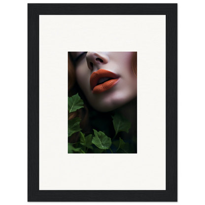 Close-up of vibrant red lips with green foliage, ideal for Leaf Symphony wall art