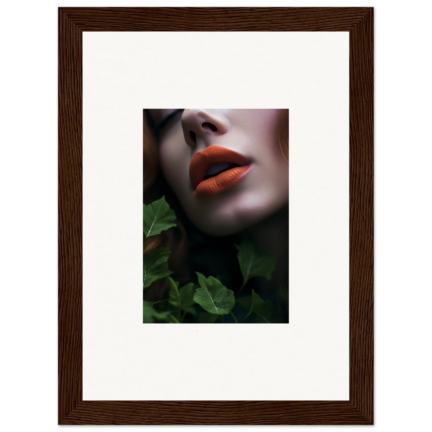 Close-up of bright red lips near green foliage in Leaf Symphony room decor art