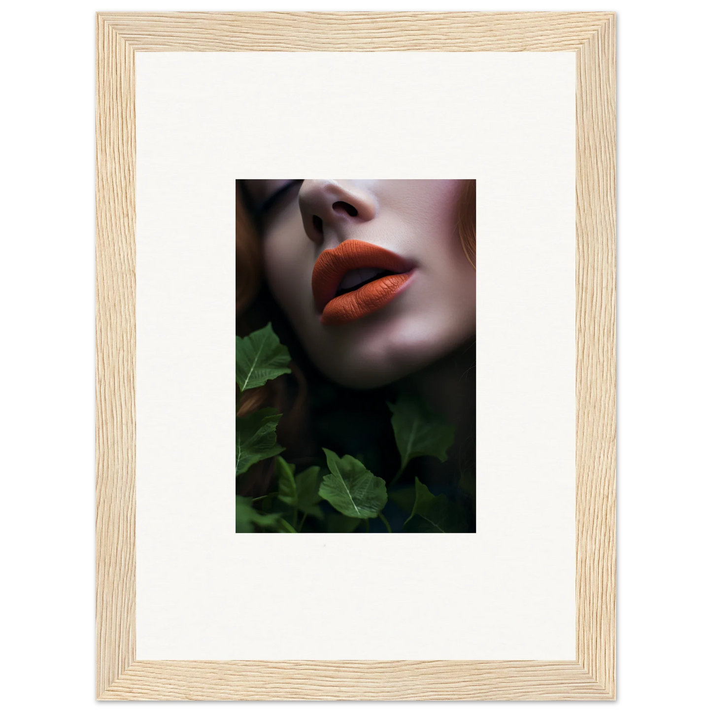 Close-up of red lips and nose, framed by green leaves in Leaf Symphony wall art