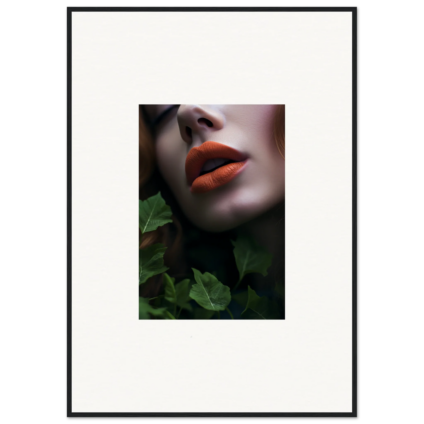 Close-up of red lips and nose with green leaves in Euphoric Leaf Symphony wall art