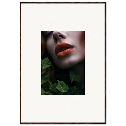 Close-up of bright red lips amidst green foliage, perfect for Leaf Symphony room decor