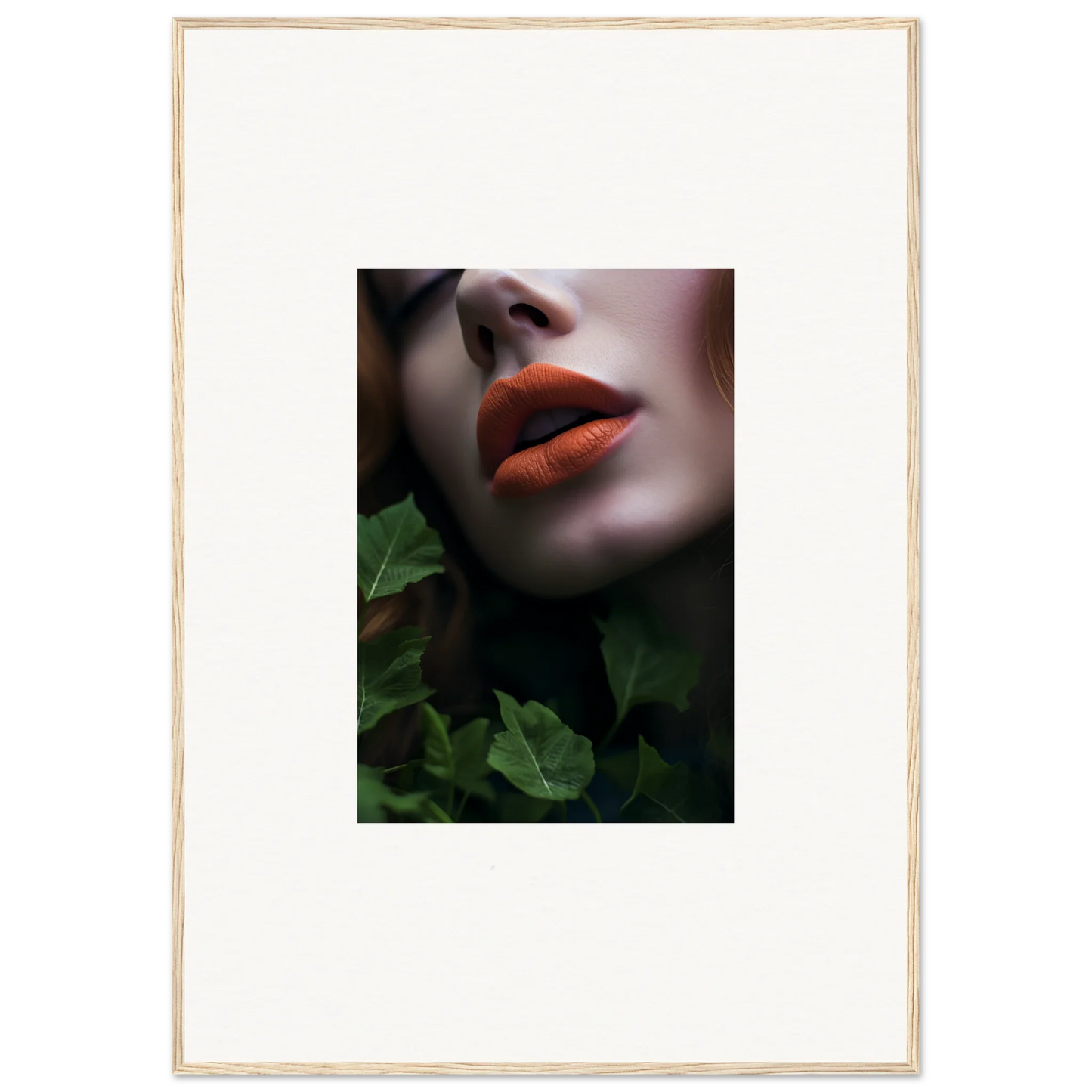 Close-up of bright red lips on pale skin with green leaves, perfect for Leaf Symphony room decor