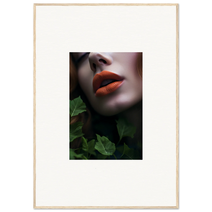 Close-up of bright red lips on pale skin with green leaves, perfect for Leaf Symphony room decor