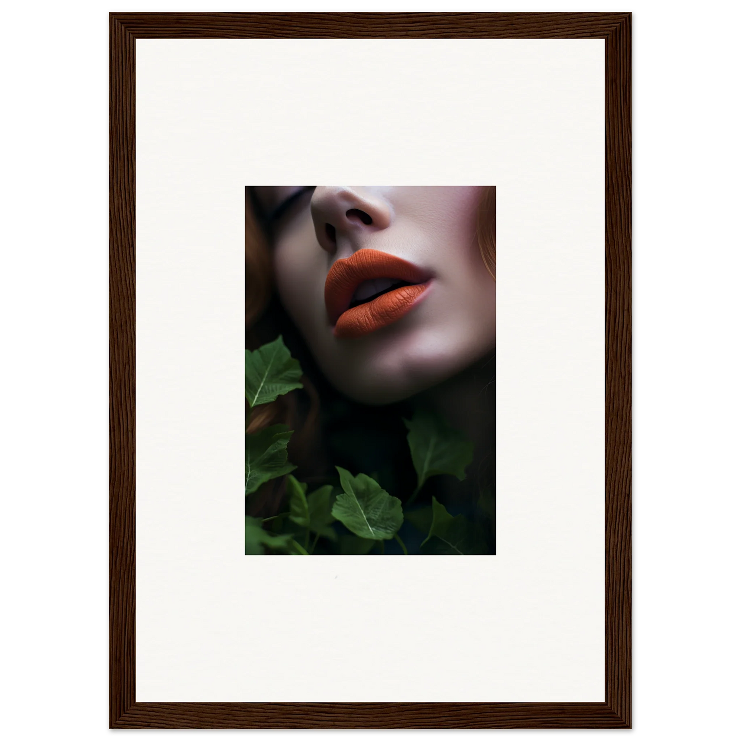 Close-up of vibrant red lips in green foliage, perfect for Leaf Symphony room decor