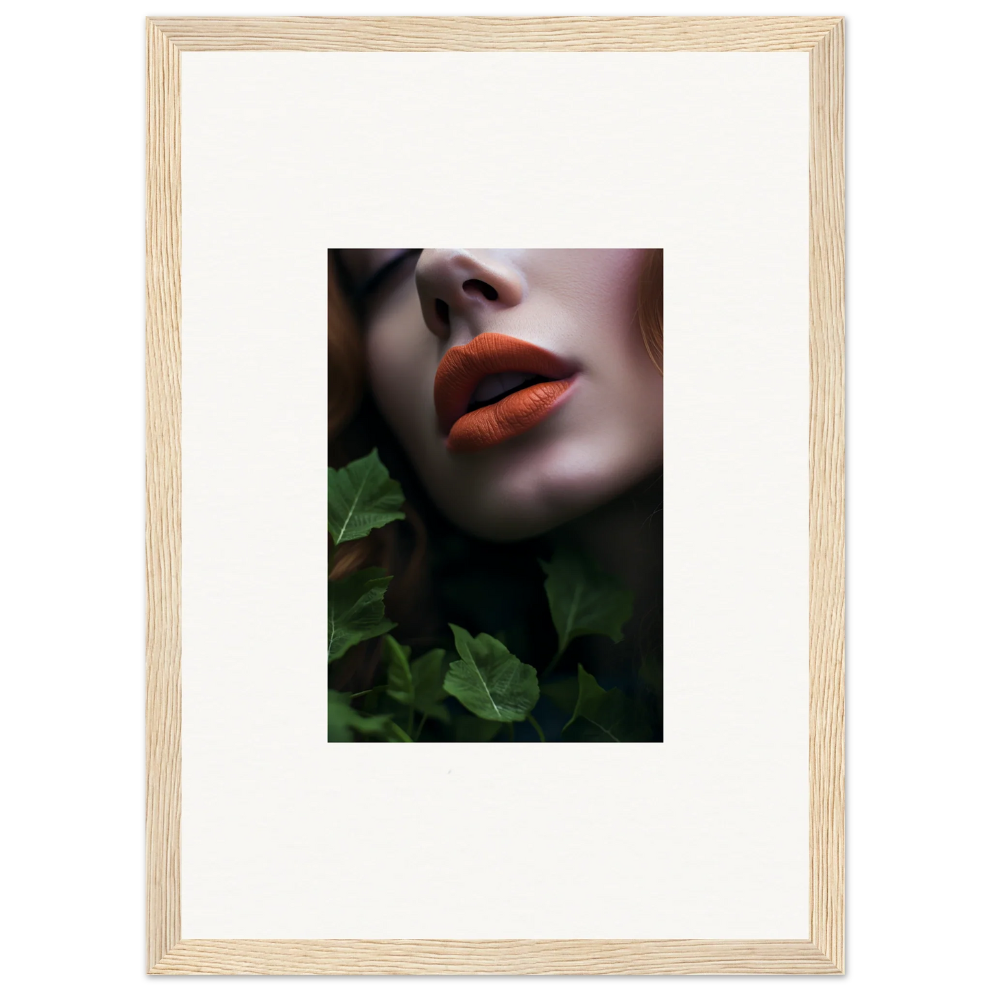 Close-up of bright red lips against green foliage in Leaf Symphony wall art