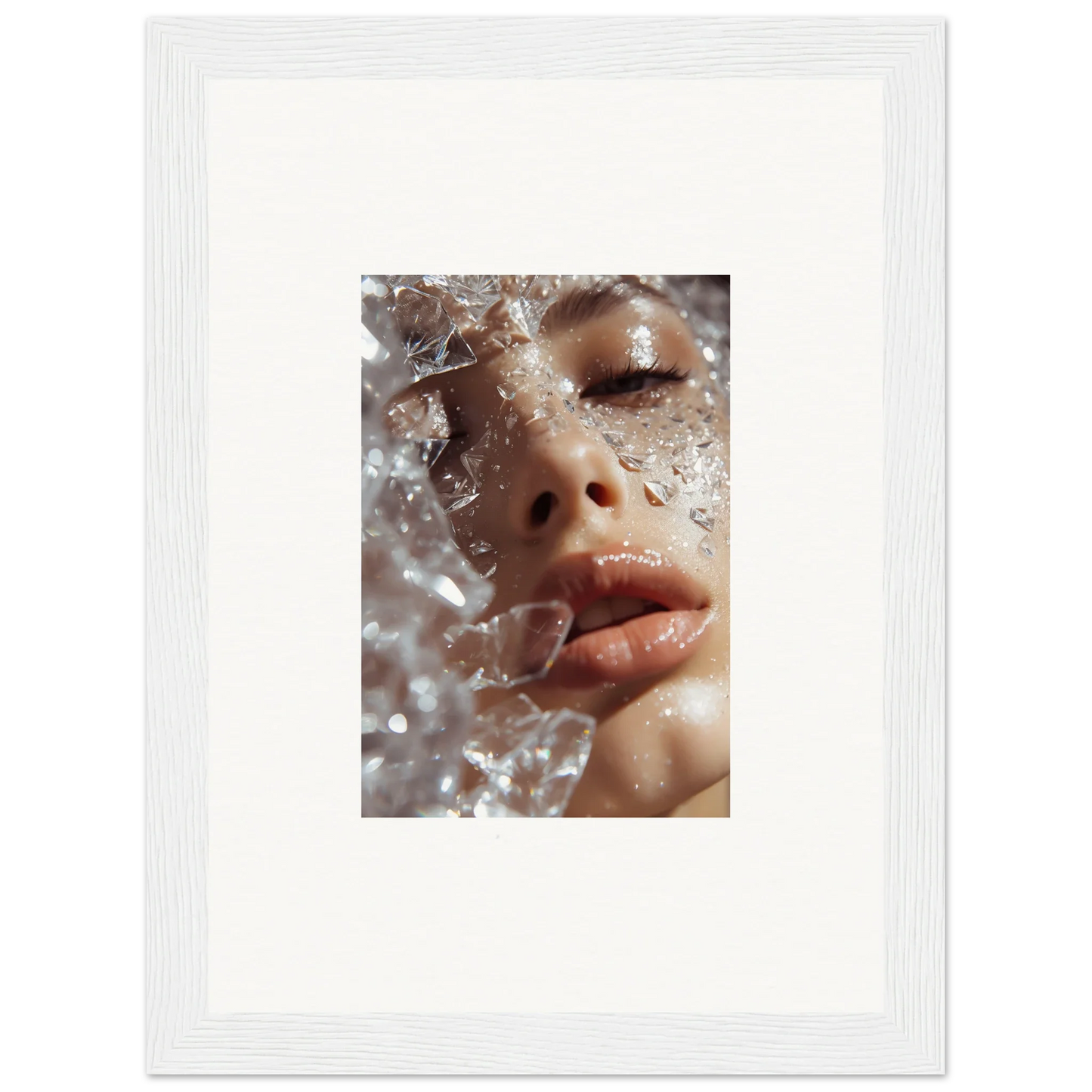 Close-up of a person’s face with water droplets, featured in Whispering Dreamer wall art