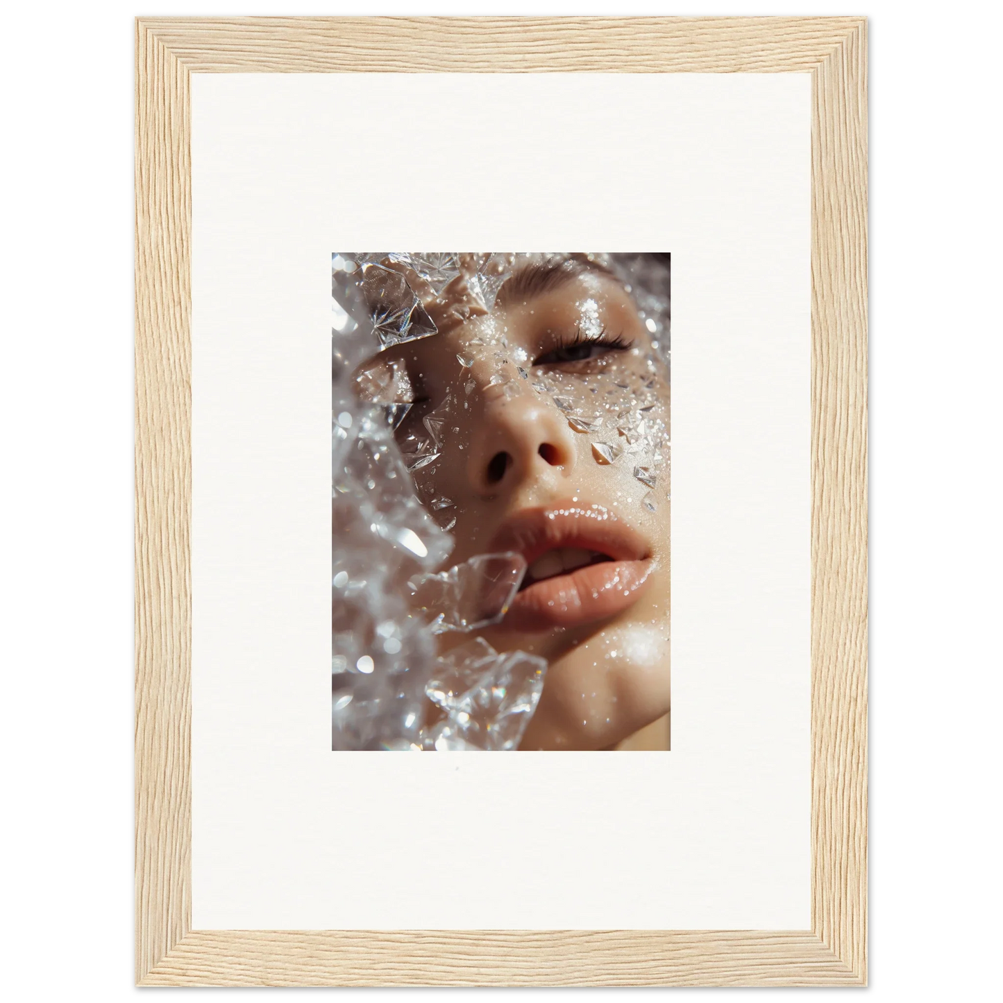 Close-up of a person’s face with water droplets, perfect for Whispering Dreamer wall art