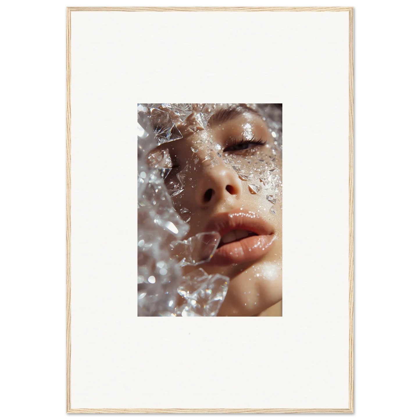 Close-up of a face with water droplets showcasing Whispering Dreamer room decor art