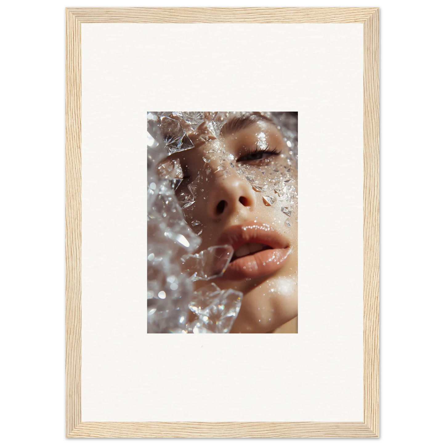 Close-up of a person’s face with water droplets, perfect for Whispering Dreamer wall art