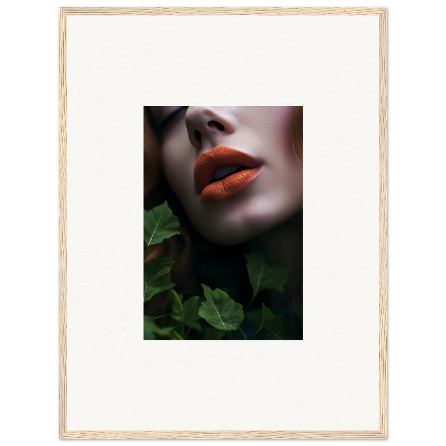 Close-up of vibrant red lips against pale skin, perfect for Leaf Symphony wall art decor