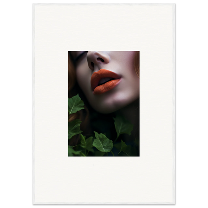 Close-up of vibrant red lips and green foliage for Leaf Symphony wall art decor