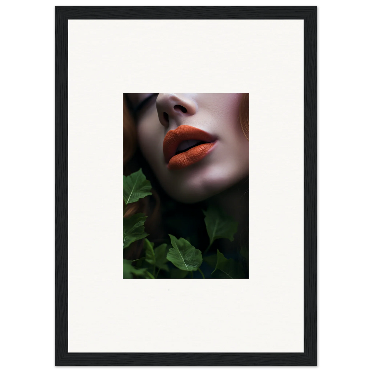 Close-up of vibrant red lips amidst green foliage, ideal for Leaf Symphony wall art