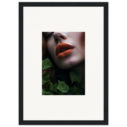 Close-up of vibrant red lips amidst green foliage, ideal for Leaf Symphony wall art