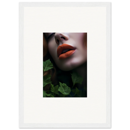 Close-up of vibrant red lips with green foliage in Leaf Symphony framed wall art